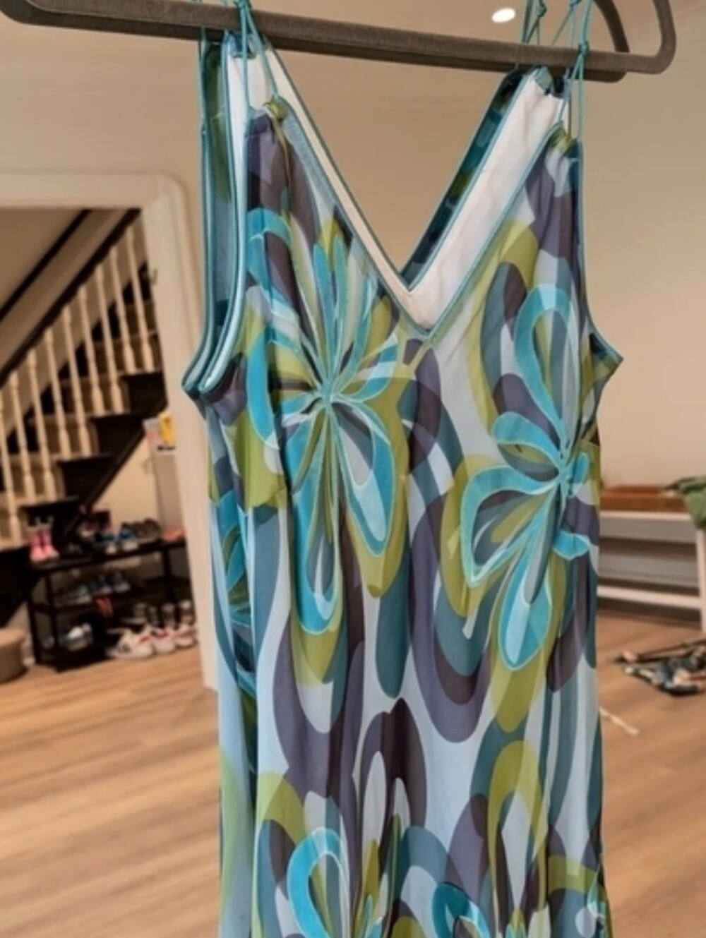 Planet V-Neck Floral Maxi Dress Blue Green Silk - Picture 4 of 7